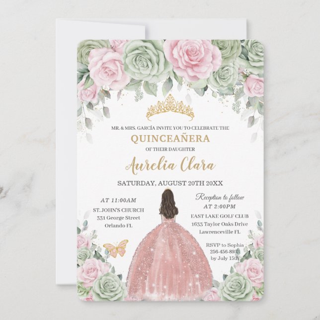 Sage Green Baby Pink Rose Gold Quinceañera Einladung (Vorderseite)