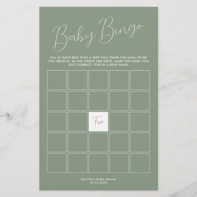 Sage Green Baby Shower Bingo Game (Vorderseite)