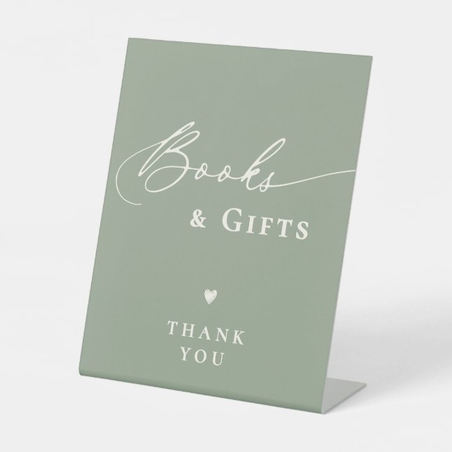 Sage Green Baby Shower Skripte Bücher und Geschenk Sockelschild (Vorderseite)