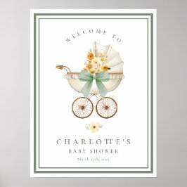 Sage Green Baby Shower Welcome Poster Vintage Pram
