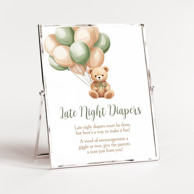 Sage Green Bar Ballon Spate Night Diapers Poster (Green Boho Bear Baby Shower Late Night Diapers Sign)