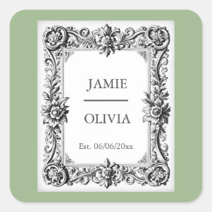 SAGE GREEN Barock Vintage Wedding - Custom Text Quadratischer Aufkleber