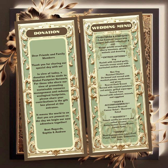 Sage Green Baroque Grandeur Florals Motif Wedding Menükarte (Sage Green Baroque Grandeur Florals Motif Wedding Menu)