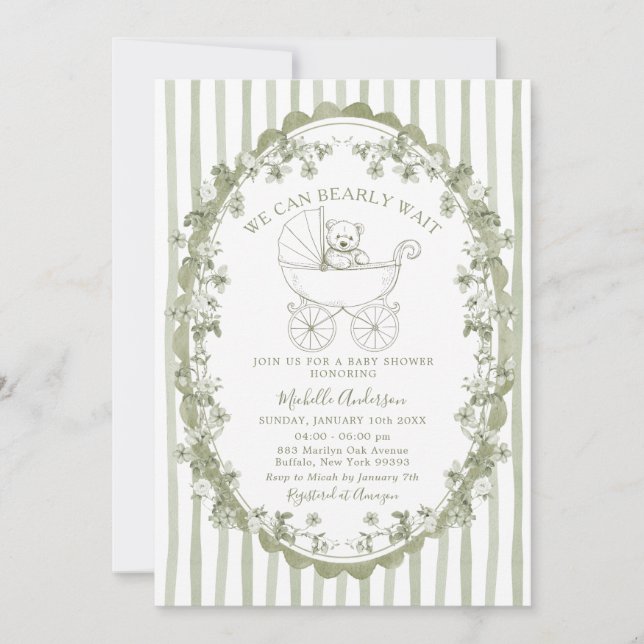 Sage Green Bear Baby Shower Invitation Einladung (Vorderseite)