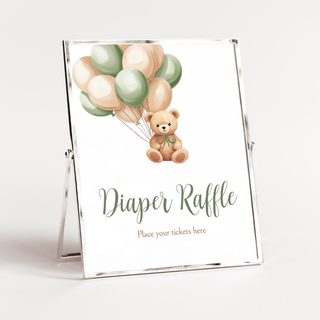 Sage Green Bear Ballon Babydusche Windelwanne Raff Poster (Green Boho Bear Baby Shower Diaper Raffle Sign)