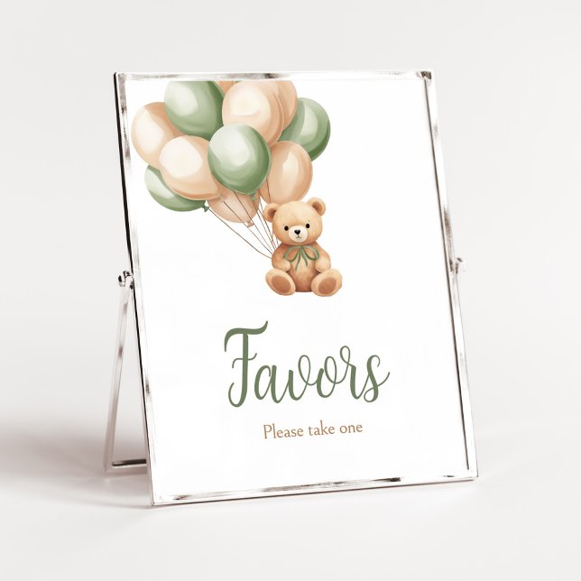 Sage Green Bear Balloon Baby Dusche Favoriten Poster (Green Boho Bear Baby Shower Favors Sign)
