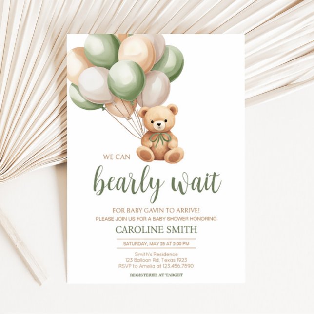 Sage Green Bear Balloon Babydusche Einladung (Green Boho Bear Baby Shower Invitation)
