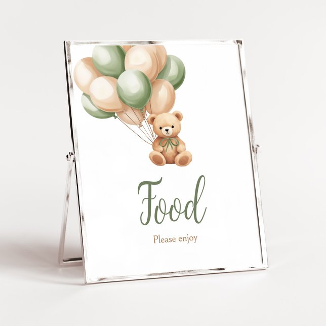 Sage Green Bear Balloon Babydusche Nahrung Poster (Green Boho Bear Baby Shower Food Sign)