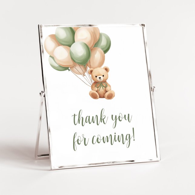 Sage Green Bear Balloon Danke für Ihr Kommen Poster (Green Boho Bear Baby Shower Thank you for Coming Sign)