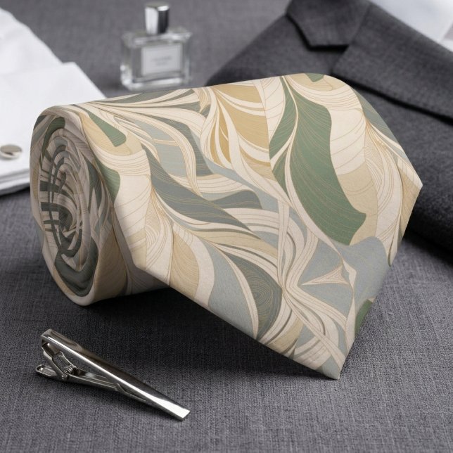 Sage Green Beige Abstract Foliage Pattern Krawatte (Von Creator hochgeladen)