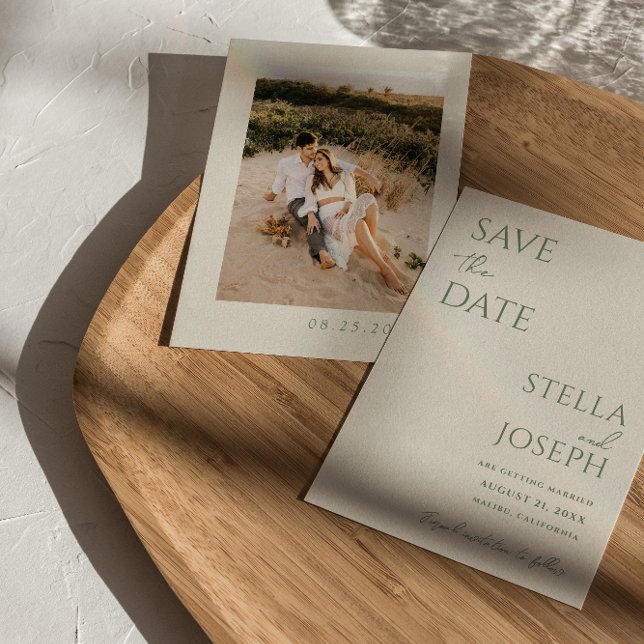 Sage Green Beige Boho Chic Modernes Foto Hochzeit Save The Date (Von Creator hochgeladen)