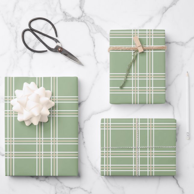 Sage Green Beige Tartan Kariert Geschenkpapier Set (Vorderseite)