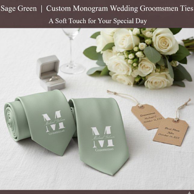 Sage Green | Benutzerdefinierte Monogramm-Hochzeit Krawatte (Sage Green | Custom Monogram Wedding Groomsmen Neck Tie)