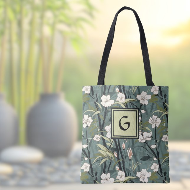 Sage Green Black Floral Japanese Style Monogram  (Von Creator hochgeladen)