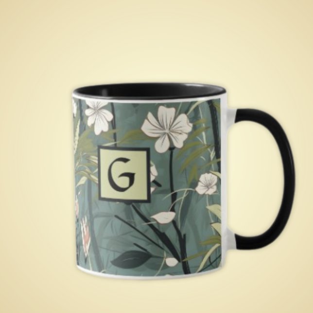 Sage Green Black Floral Japanese Style Monogram  Tasse (Von Creator hochgeladen)