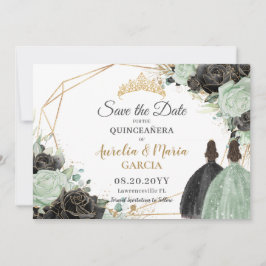 Sage Green Black Floral Twins XV Quinceañera Save The Date