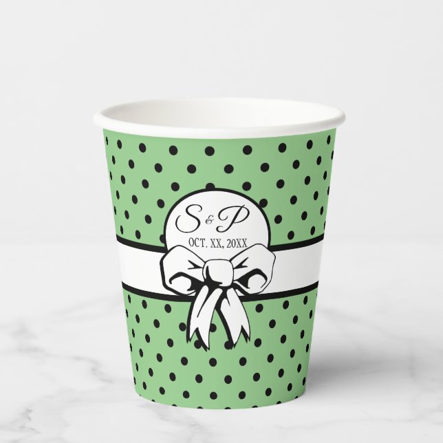 Sage Green Black Polka Dot White Bow Personalisier Pappbecher (Vorderseite)