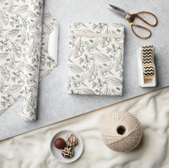 Sage Green Blätter Blumenmuster auf Elfenbeinkrust Geschenkpapier (Kunsthandwerk)