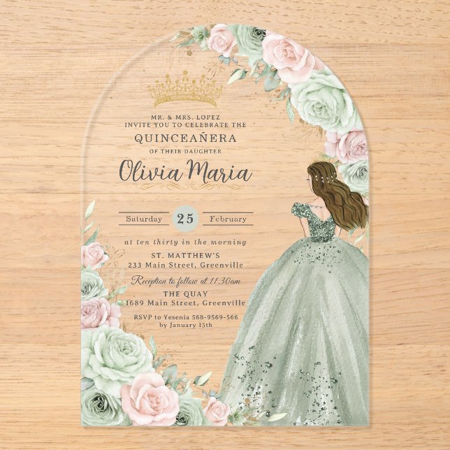 Sage Green Blink Pink BlumenPrinzessin Quinceañera Acryleinladungen (Vorderseite)