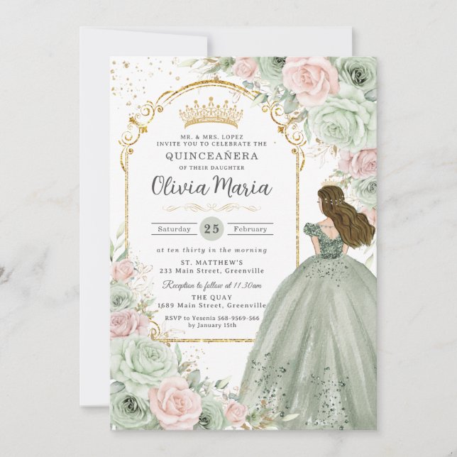 Sage Green Blink Pink BlumenPrinzessin Quinceañera Einladung (Vorderseite)