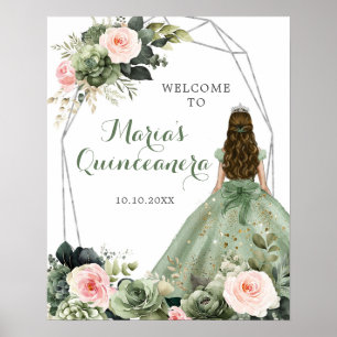 Sage Green Blink Pink Floral Quinceañera Willkomme Poster