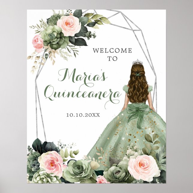 Sage Green Blink Pink Floral Quinceañera Willkomme Poster (Vorne)
