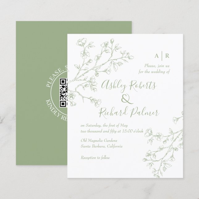 Sage green bllossoms QR Code Einladung zur Hochzei (Vorne/Hinten)