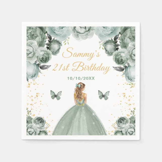 Sage Green Blonde Hair Princess Birthday Party Serviette (Vorderseite)