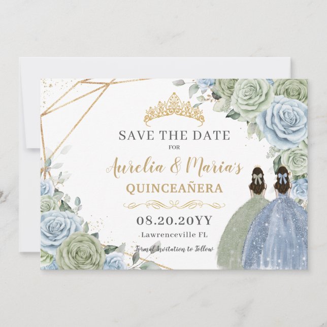 Sage Green Blue Floral Twins Quinceanera Sweet 16 Save The Date (Vorderseite)