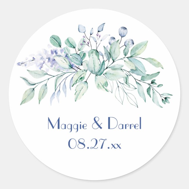 Sage Green & Blue Greenerity Wedding Monogram Runder Aufkleber (Vorderseite)