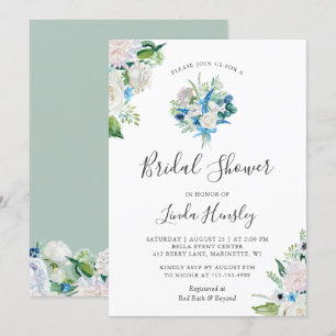 Sage Green Blue White Floral Bouquet Brautparty Einladung
