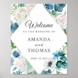 Sage Green Blue White Floral Wedding Willkommensze Poster