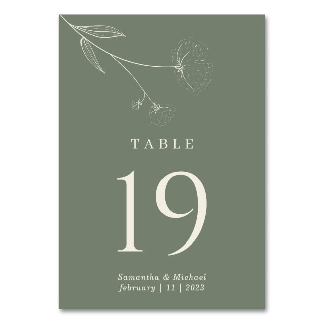 Sage Green Blume Cotton Wedding Tischnummer (Vorderseite)