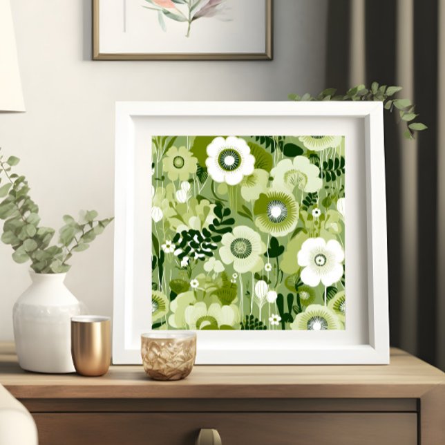 Sage Green Blume Poster (A sage green floral print shown in a white frame)