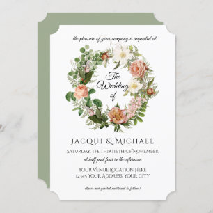 Sage Green Blush Elfenbein Rose w Fern Wreath Wedd Einladung