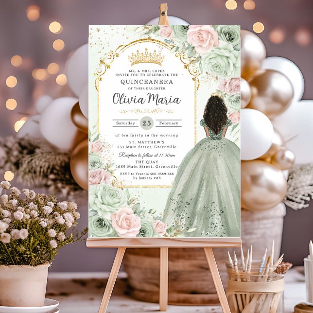 Sage Green Blush Floral Brown Girl Quinceañera Einladung (sage green blush pink floral flowers gold quinceanera brown black curly hair girl sweet 16 invites)