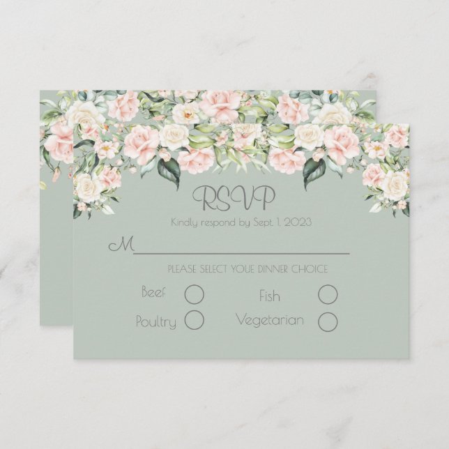 Sage Green Blush Floral Elegantes Hochzeitssemble  RSVP Karte (Vorne/Hinten)