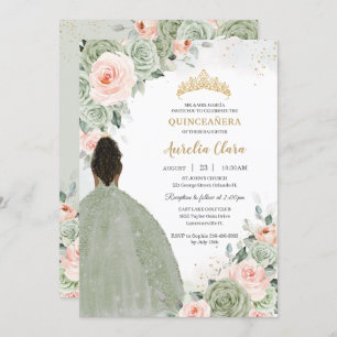 Sage Green Blush Floral Gold Quinceñera Sweet 16 Einladung