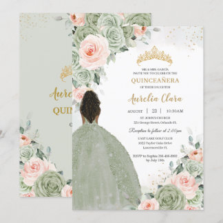 Sage Green Blush Floral Gold Quinceñera Sweet 16 Einladung