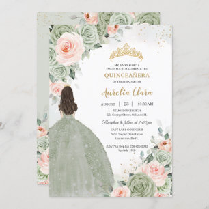 Sage Green Blush Floral Gold Quinceñera Sweet 16 Einladung