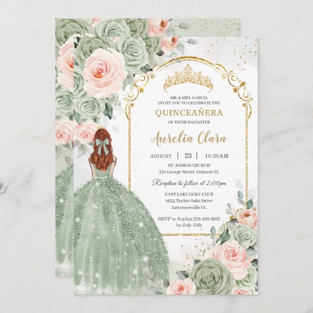 Sage Green Blush Floral Gold Quinceñera Sweet 16 Einladung