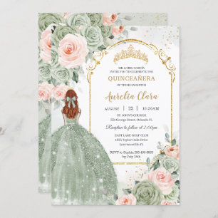 Sage Green Blush Floral Gold Quinceñera Sweet 16 Einladung