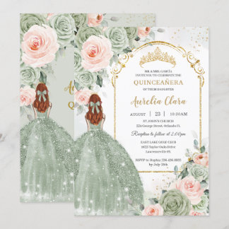 Sage Green Blush Floral Gold Quinceñera Sweet 16 Einladung