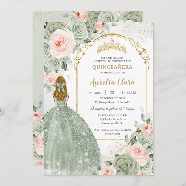 Sage Green Blush Floral Gold Quinceñera Sweet 16 Einladung (Vorne/Hinten)