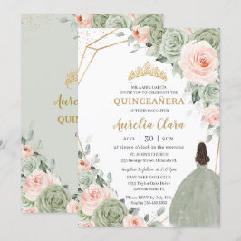 Sage Green Blush Floral Gold Quinceñera Sweet 16 Einladung