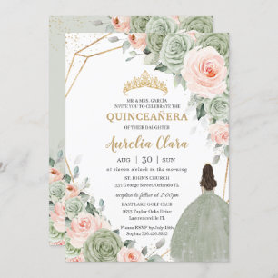 Sage Green Blush Floral Gold Quinceñera Sweet 16 Einladung
