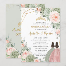 Sage Green Blush Floral Gold Quinceñera Twins Einladung