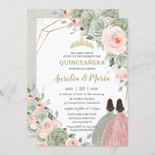 Sage Green Blush Floral Gold Quinceñera Twins Einladung