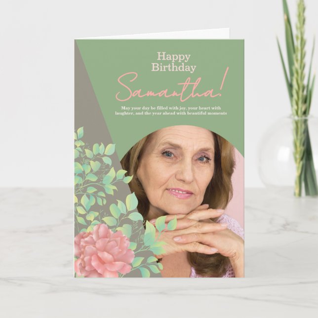 Sage Green Blush Floral Photo Birthday Greeting Karte (Vorderseite)