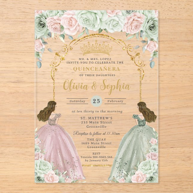 Sage Green Blush Floral Twins Gold Quinceañera Acryleinladungen (Vorderseite)